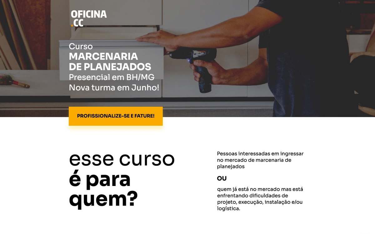 Landing page do curso de marcenaria da Oficina.cc